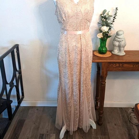 Caralite Petite | Dresses | Beigechampaigne Applique Long Semi Formal  Dresssz Pl | Poshmark